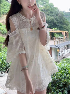 Shalldoer | Bộ đồ hai mảnh nữ tính mùa hè 2025 Áo sơ mi ren khoét rỗng tay ngắn Bộ đồ thường ngày cho phụ nữ trẻ