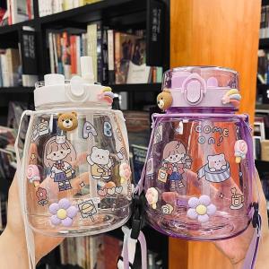 1300ML INS Style Big Belly Cup Water Bottle With Straw Portable Free Cartoon Sticker Kids Water Tumbler Water Bottle