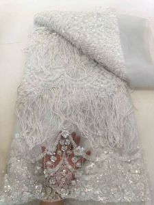 OLEVO | Newest Tassel African Sequin lace Nigerian top quality Tulle Lace Fabric With Beads Sequins for High End Bride Wedding AT3077-A1