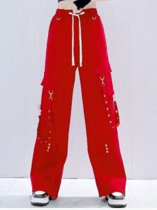 Cool Red Hiphop Jazz Dance Work Pants Womens Loose Fit Sporty High Waist Trousers Street Style Casual Pants for Spring Autumn