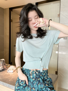 Summer Thin Ice Silk Knitted Short Sleeve T-Shirt Womens Regular Fit Casual Low round Neck Button Style Korean Version Top