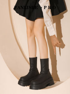ผู้หญิง รองเท้าบูทสั้น 2024 ฤดูใบไม้ร่วง ฤดูหนาว แบบใหม่ สีดำ ยืดได้ รองเท้าบูททรงสลิมแบบสั้นพื้นหนารองเท้าส้นสูงเวอร์ชั่นเกาหลีรองเท้าบูทแฟชั่น