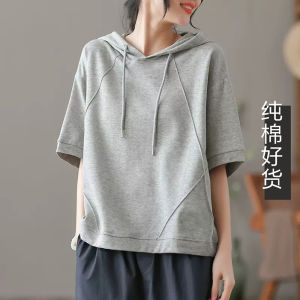 New 2025 Loose Cotton Half Sleeve Hoodie T-Shirt Splice Design Womens Pure Cotton Short Sleeve Casual Comfortable Top