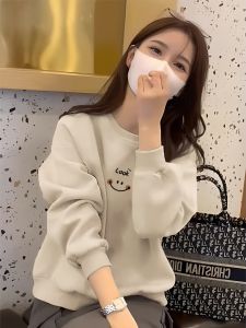 Pure Cotton Thickened Sweatshirt Womens Loose Fit Comfortable Innerwear Outerwear Trendy Casual Style Long Sleeve round Neck