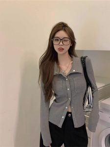 Retro Long Sleeve Knitted Shirt Womens Autumn Fashion Slim Fit Outerwear Shoulder Length Cardigan Button up Korean Style