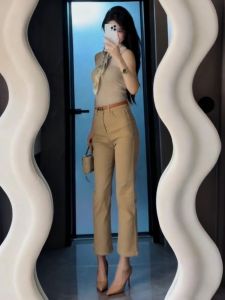 High Waist Straight Leg Stretchy Jeans Classic Khaki Vintage Style Nine Point Denim Pants Womens Cotton Elastic Bootcut Trousers