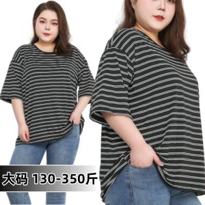 Summer 100.15kg 0.00kg Fat Mother Extra Fat Plus Size Stripes Loose Half-Sleeved Short-Sleeved Loose Slimming T-shirt Tops