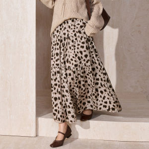 Plus Size Relaxed V-Neck Openwork Mohair Sweater High-Waist Slimming Leopard Print Skirt Set