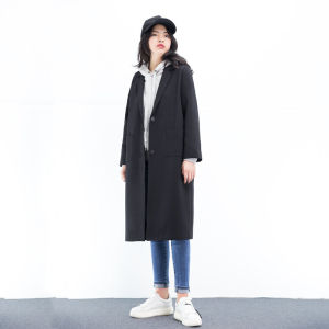 Loose Korean Style Women's Long Coat over Knee Silk Feel Padded Jacket Black Spring Autumn Fashion Casual Straight Cut Coat