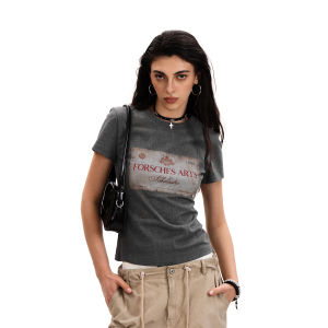 Washed Vintage Streetwear T-Shirt Women Slim Fit Short Sleeve Hot Girl Shoulder Level Top Summer Casual round Neck Tee