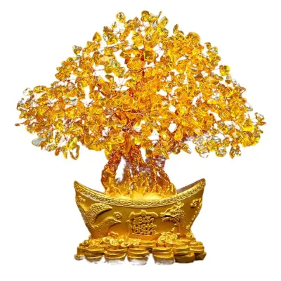 Lucky Money Tree Chinese Gold Ingot Crystal Fortune Tree Ornament Wealth Ornament Home Office Table Decoration Tabletop Crafts
