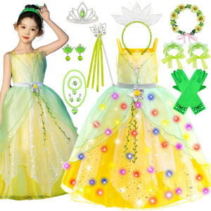 Girls Fairy Tale Tiana Cosplay Costume Elegant Princess Green Party Dress Christmas Ball Gown Princess and Frog Vestidos