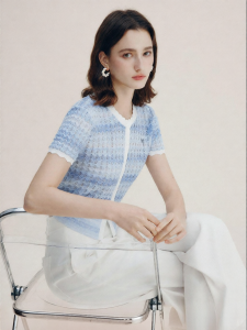FAMANXUAN | Elegant Gradient Blue and White Lace Hollow Knitted Top Female
