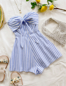 Womens Spring/Summer Cruise Vacation Blue Striped Front Waiver Loose Jumpsuit Suitable for Party Date Afternoon Tea