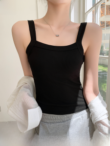 MiiOW | เสื้อกั๊กสเวตเตอร์ถักสีดำสำหรับผู้หญิง เสื้อชั้นในสุดเก๋สำหรับใส่ทำงาน ฤดูใบไม้ผลิและฤดูร้อน ปกปิดหน้าอกข้างซ้ายและข้างขวา คอเหลี่ยม ด้านหลังเปิด