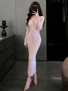 SENWA | V-neck Pink New Style Body-hugging Elegant Cinched Waist Pencil Dress