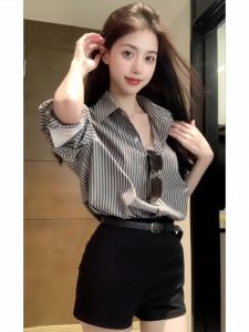 Áo Sơ Mi Chống Nắng Sọc Cổ Polo Một Nút Thời Trang Mùa Xuân Hè Mới Cho Nữ Áo Sơ Mi Lụa Tay Dài Thoáng Khí