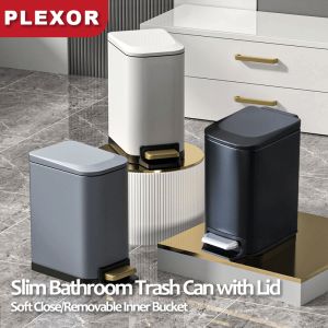 Plexor 6L Slim Bathroom Trash Can with Lid Soft Close Stainless Steel Garbage Can with Removable Inner Bucket Step Pedal Small Trash Cans for Bedroom Office Kitchen