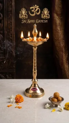 Solid Brass Traditional Indian Diya Lamp with Polished Gold Finish for Religious Ceremonies and Puja Height 13 inches