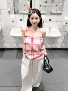 BAEIIOU Korean Style Red Plaid Tube Top Womens Slim Fit One Shoulder Sleeveless Vest New 2025 Summer Fashion Casual Wear