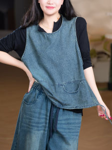 XIAOER | Versatile Layering High Count Cotton Blend Distressed Light Wash Drawstring Hem Casual Jean Vest