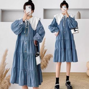 Womens Plus Size Denim Dress Spring New Lace Peter Pan Collar Long Sleeve Tiered Midi Dress Slimming Age-reducing Casual Dress