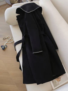 PAIBOLI | Elegant Black Melton Long Hooded Womens Coat
