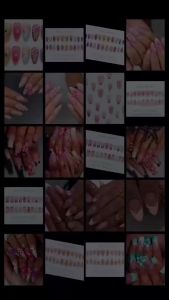 3D Fake Nails Gradient Pink Purple Green Blue Orange Embossed Flowers Fruit Metallic Rhinestones Medium Tips Press On False Nail