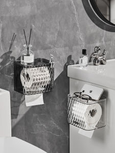 Suction Cup Wall Mounted Toilet Paper Holder Bathroom Storage Box No Drilling Required Tissue Storage Rack Luxury Style PET+ABS