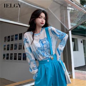 IELGY graffiti imitation ice silk bottoming shirt loose thin long-sleeved t-shirt women summer design sense sunscreen blouse mesh top