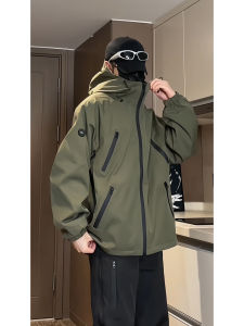 Army Green Soft Shell Jacket Spring and Autumn Mens Multi-Zipper Detroit Parka Jacket Vintage Trench Coat Outwear