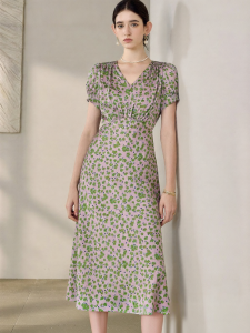 Roey s house | Elegant V-Neck Satin Flower Print Summer Fashion Commuting Puff Sleeve Waist Cinching Midi Dress