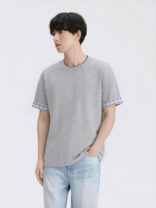 GXG | Plaid Panel Short Sleeve T-Shirt with Cooling Comfort Round Neck