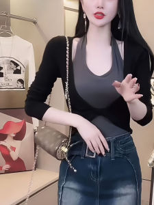 Áo Thun Nữ Tay Dài Ngắn Cổ Treo Thiết Kế Mới Mùa Thu Nhỏ Gọn Phong Cách Hàn Quốc Tay Dài Cotton Thường Ngày