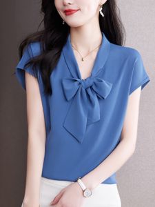 Áo Sơ Mi Voan Cổ Chữ V Thắt Nơ Tay Ngắn Dáng Rộng Mùa Hè Cho Nữ Chất Liệu Khác Màu Trơn Kiểu Dáng Công Sở Dài Thường