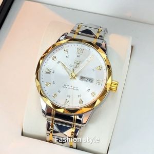 OLEVS Jam Tangan Pria Automatic Dewasa 2024 Bercahaya Kalender Berlian Dial Tali Jam Baja Tahan Karat Jam Pria Anti Air Original