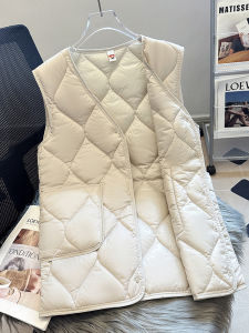 เสื้อกั๊กขนเป็ดคอวีหนาสำหรับผู้หญิง ทรงยาวปานกลาง ฤดูใบไม้ร่วง/ฤดูหนาว เสื้อกั๊กขนเป็ดแบบมีแผ่นกันหนาว ทรงเข้ารูป เสื้อกั๊กแบบมีแผ่นกันหนาว