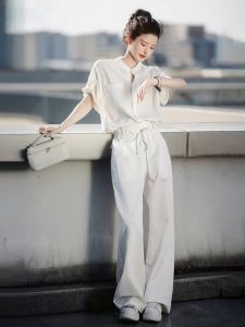 SHANGSHA | Youthful Luxury Leisure White Shirt and Pants Set