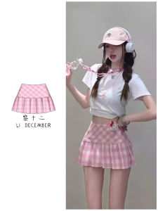 Summer American Dopaamine Sweet Heart Pleated Mini Skirt Pink Plaid A-Line High Waist Half-length Anti-exposure Skirt