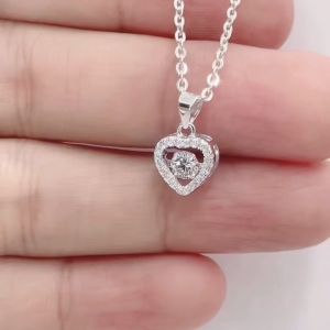 SilverWholesale #PH271 CZ Dancing Stone Heart Pendant Necklace- Silver925