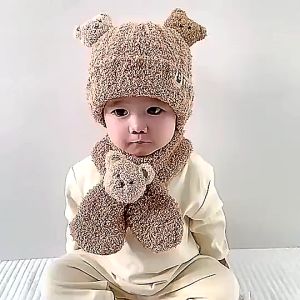 Mũ Len Gấu 3D kèm khăn cổ T65 - SÉT NÓN LEN Lông Cừu Thời Trang Mùa Thu Đông Dành Cho Bé .