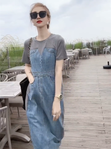 Casual Fashion Denim Patchwork Dress Elegant Summer New Style High Waist A-Line Long Skirt Short Sleeve round Neck Korean Version