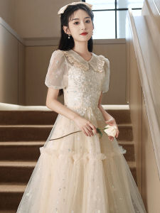 Elegant Champagne Color Princess Style Prom Dress Short Sleeve Sweet V Neck mid Length Evening Gown for Women Birthday Party