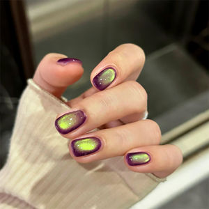 24/30pcs short fake nails for women girl glass glossy cat eyes pink wine red yellow olive Square almond tips press on false nail
