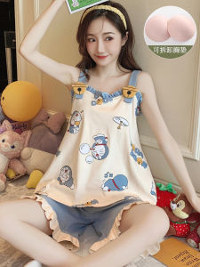 Bộ Đồ Ngủ Cotton Thun Sweet Vale Nữ Bộ Quần Short In Hình Hoạt Hình Dễ Thương Có Miếng Lót Ngực Và Dây Đeo Áo Vest Phong Cách Quần Áo Gia Đình