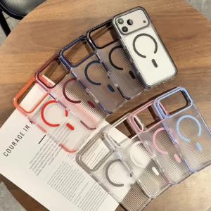 Luxury Translucent Glossy Corrugated Phone Case For iPhone 18 17 13 15 14 16 17 Pro Max 16E For Magsafe Magnetic Stripe Cover