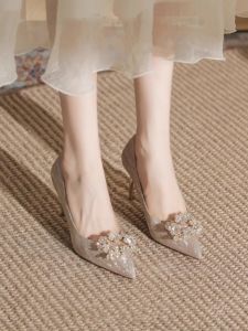Champagne Colored French Style Engagement Shoes for Women 2024 New Design Two-Way Wedding Dress High Heels Can Be Worn Daily
