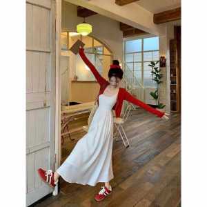 Summer New Gentle Wind White Strap Dress Womens Thin Long Sleeve High Waist A-Line Skirt Two-Piece Set Red Long Cardigan