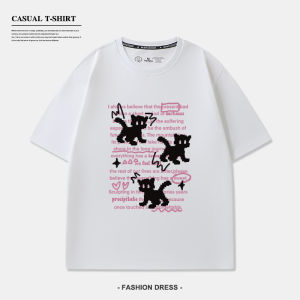 Pure Cotton Short Sleeve T-Shirt Womens Loose Fit Summer Black Slimming Top Trendy Half Sleeve Printed round Neck Casual Shirt