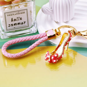 Creative Polka Dot High Heel Keychain Womens Cute Crystal Diamond Bag Pendant Keyring Circle Zinc Alloy Gift